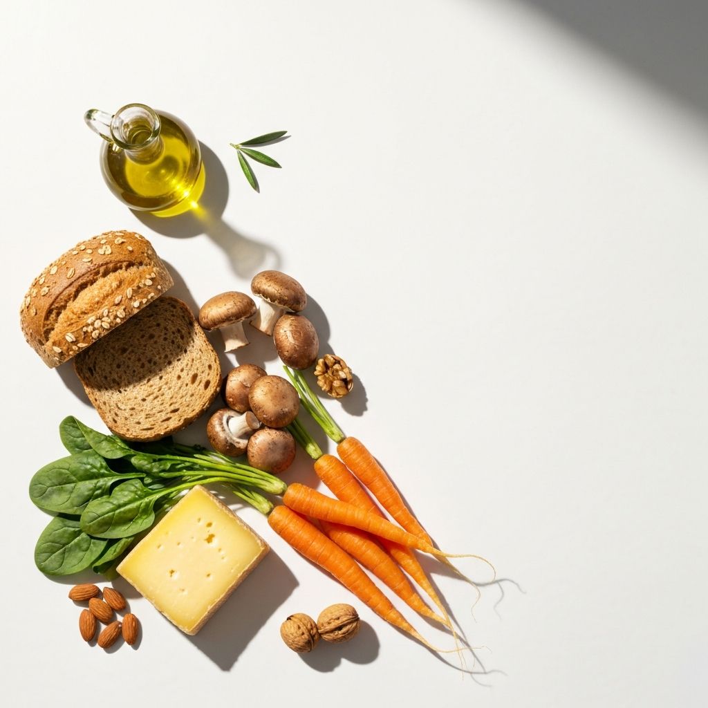 European cuisine ingredients including olive oil, whole grains, and fresh vegetables